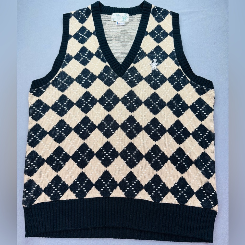 Vintage T Barry Black & Tan Golf Argyle Knit Golf Sweater Size L Made In USA